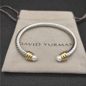 David Yurman Silver Cable Cuff Bracelet with Gold Accents and Pearl Ends 5mm